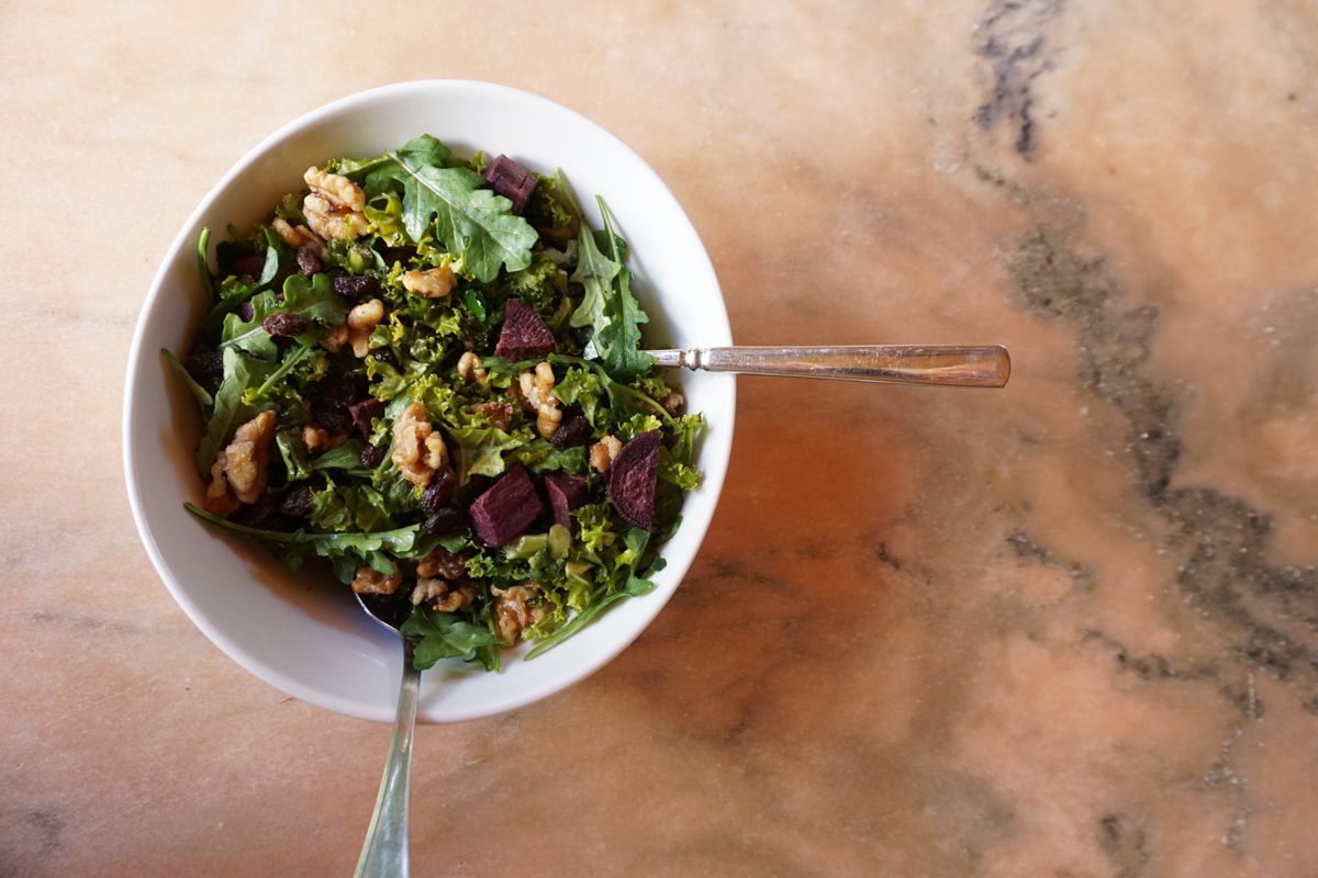 Kale Salad with Sweet Potatoes and Candied Walnuts